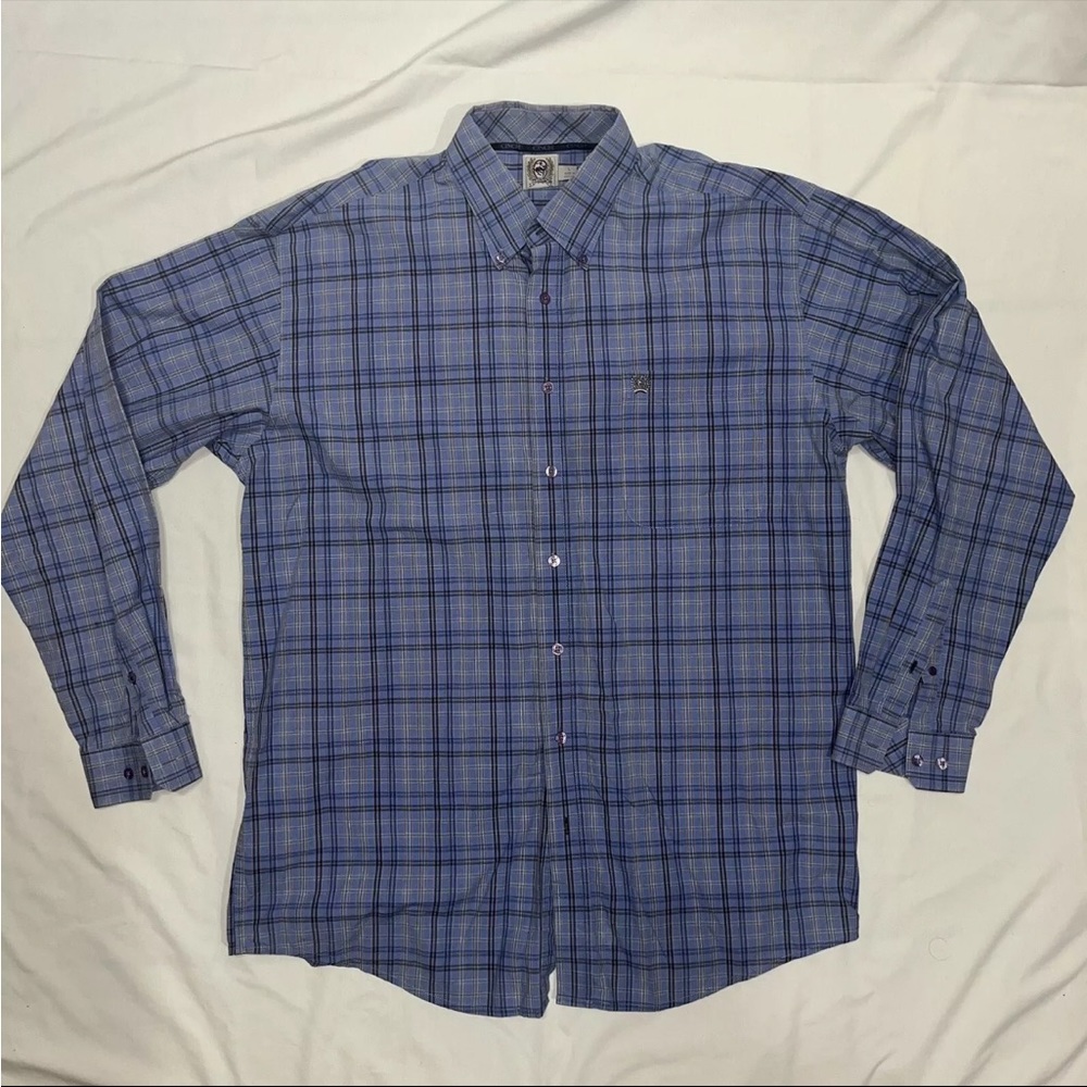 Cinch Mens Shirt Button Up Long Sleeve Blue Plaid Cotton Casual Size XL